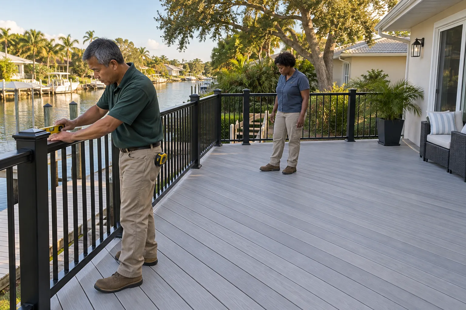 Installers checking the railing of a gray composite deck beside a canal