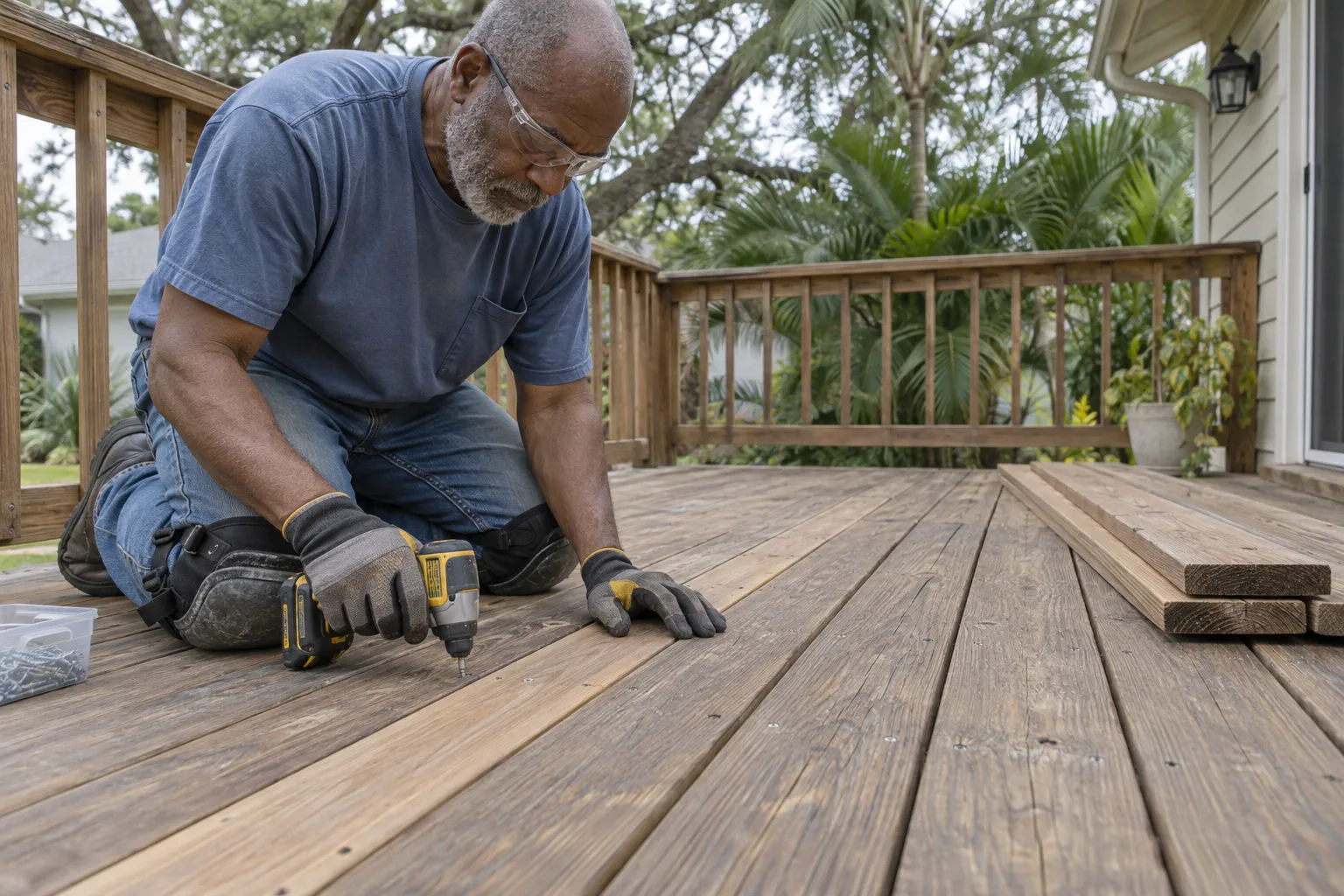 Carpenter securing a replacement board in a weathered wood deck
