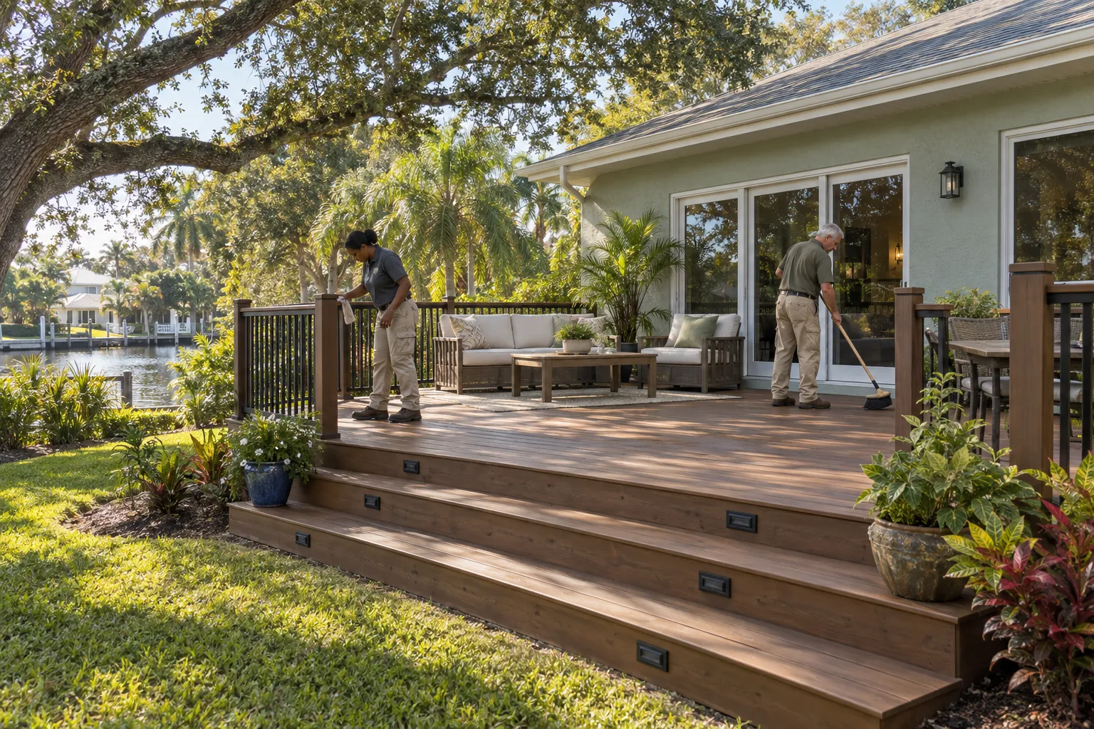 Installers finishing a furnished backyard deck with broad steps and dark railings beside a leafy Florida-style home